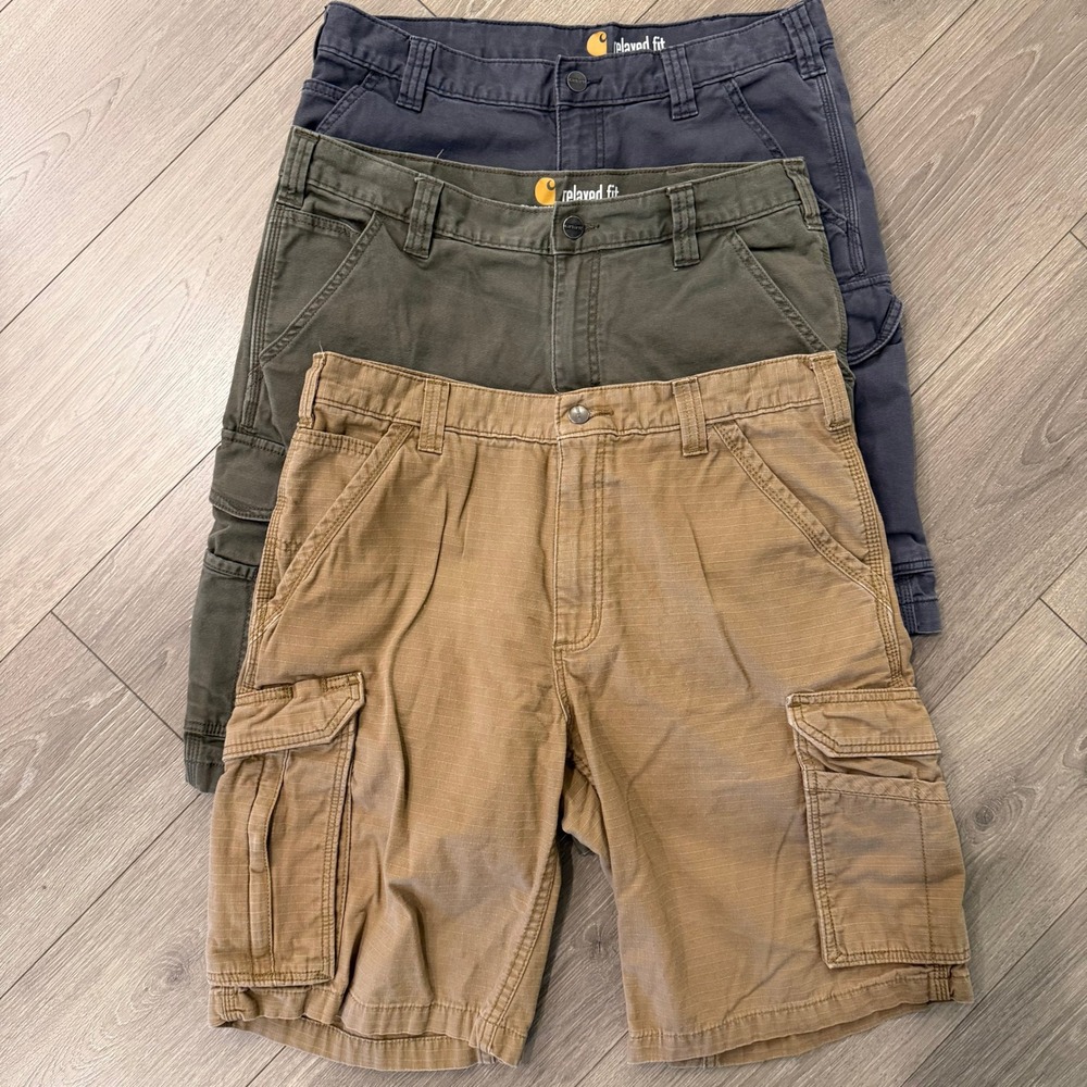 Lot of 3 Carhartt Relaxed Fit Cargo Shorts Mens 34 Blue Green Tan Ripstop Force